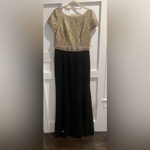 Theia Gold and Black Beaded Belted Gown